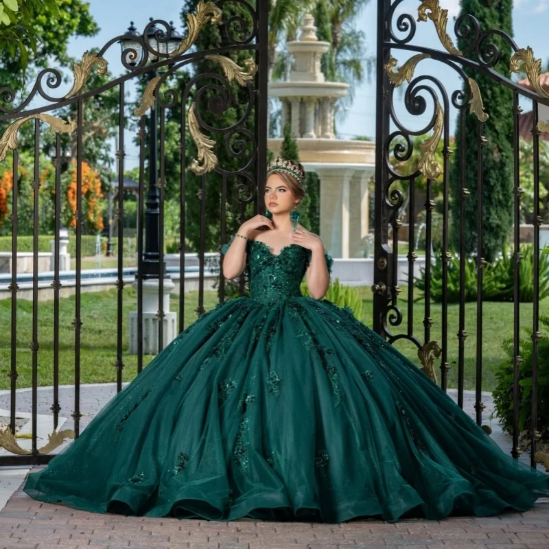 

Dark Green Quinceanera Dress off-shoulder Glitter Crystal Decal 3D Flower Long tail vestidos de 15 Quinceanera ﻿Customize