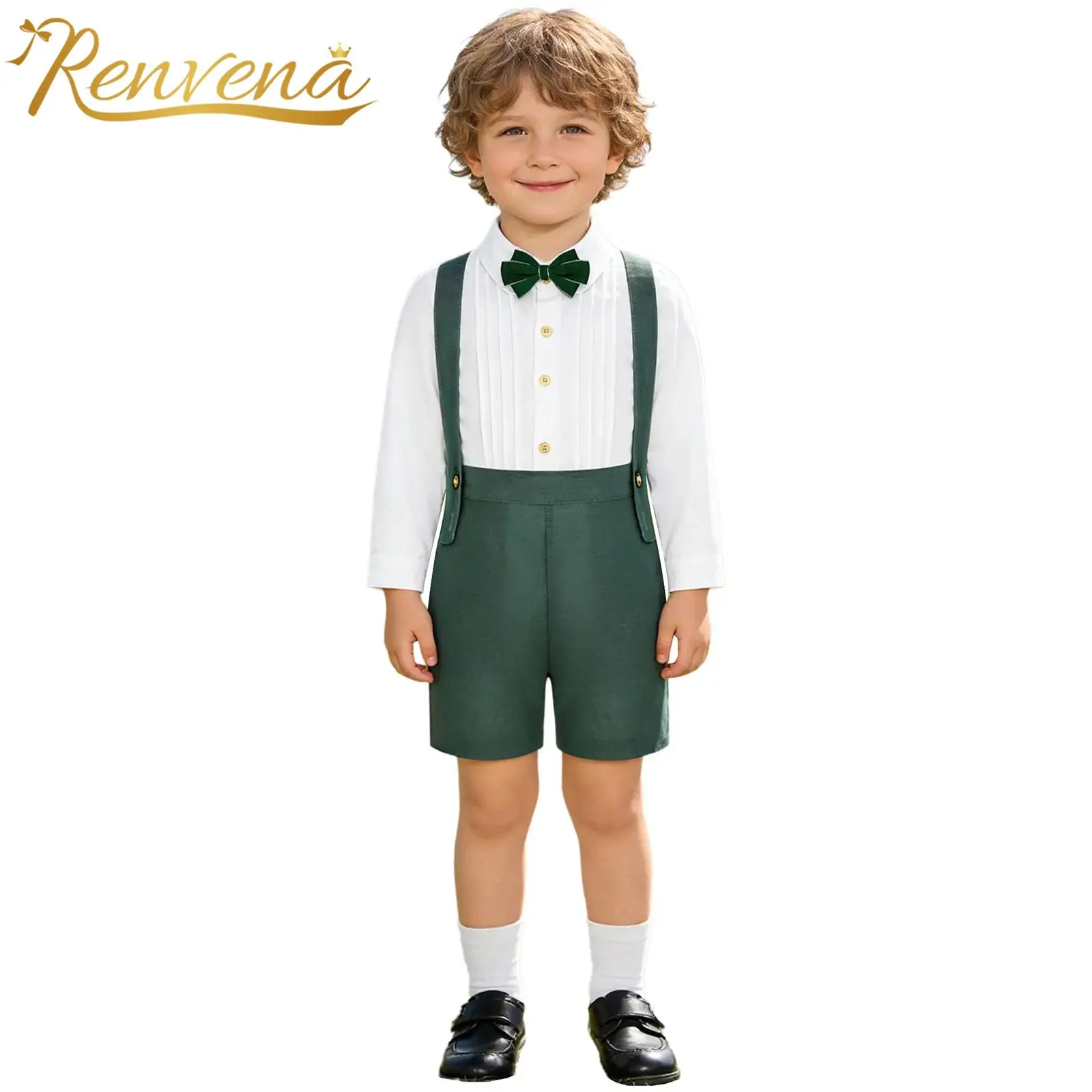Boys Wedding Birthday Party Suits Toddlers Formal Outfit Long Sleeve Shirt Christening Gown Bowtie Suspender Shorts 3-piece Set