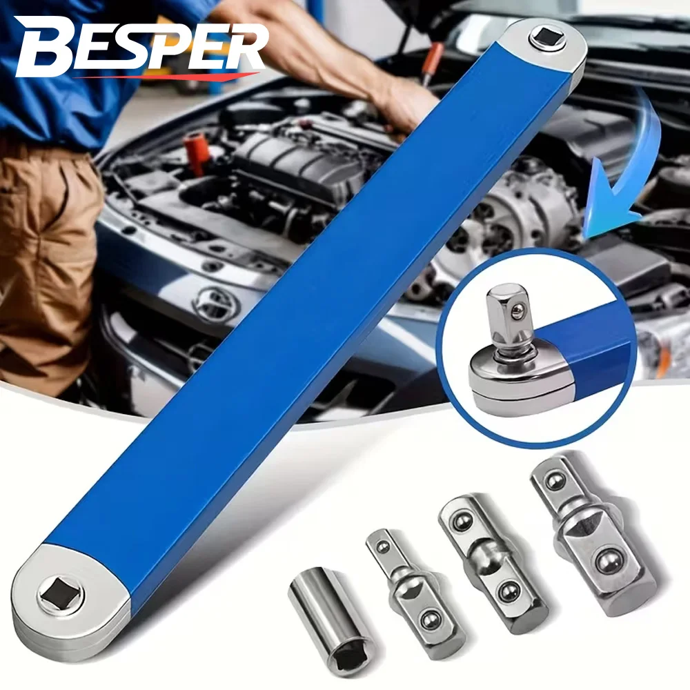 

2-in-1 Multi-Function Ratchet Offset Extension Wrench with 1/2", 1/4" and 3/8" Square Head Adapters for Tight Spaces, 180 Degree Swivel, High Torque, Non-Slip Handle, Durable Metal