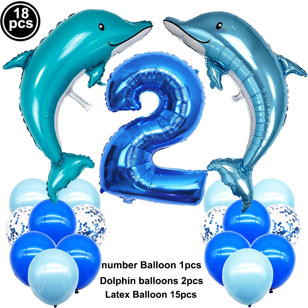 18 Stück Delphin-Luftballons, blau, 32 Zoll, Zahlen, Ballon, 1. Geburtstag, Dekoration für Kinder, Jungen, Meerestiere, Thema, Geburtstagsparty-Zubehör – Detail 2