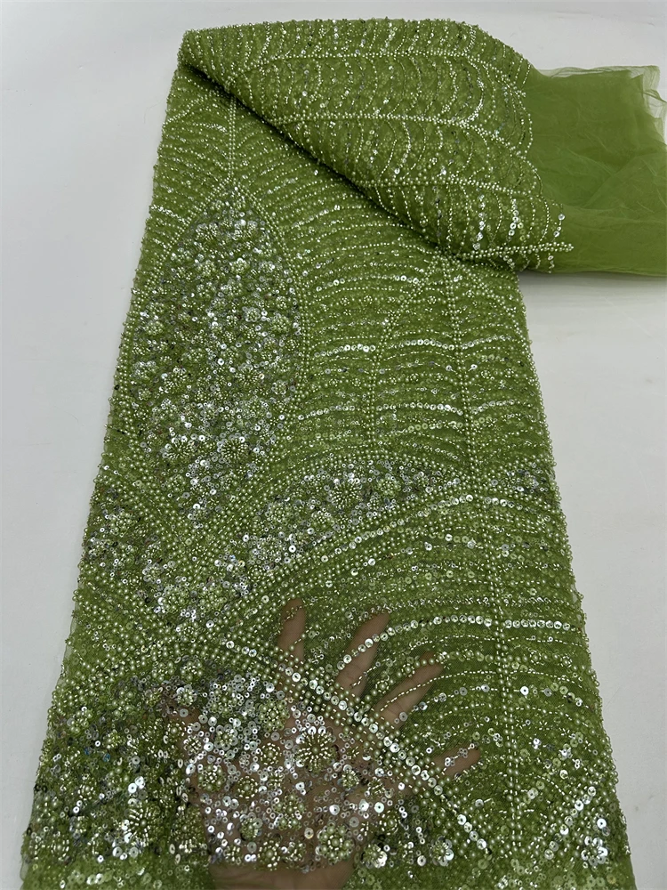 高級アフリカフレンチチュールレース生地 2025 高品質ビーズナイジェリアスパンコールレース生地ウェディングドレス縫製