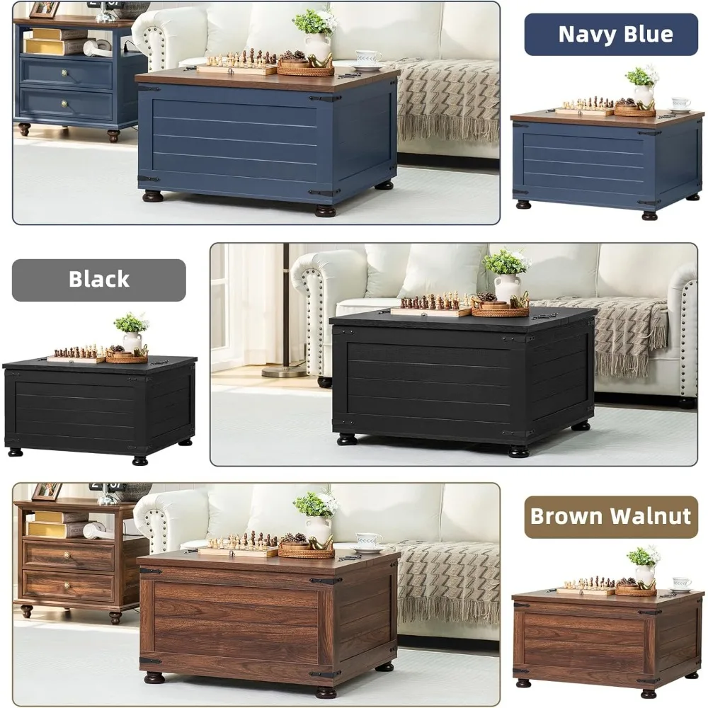 Rustic Farmhouse Coffee Table with Built-In Storage - Large Square Living Room Centerpiece, Vintage Cocktail Table with Flip-Top