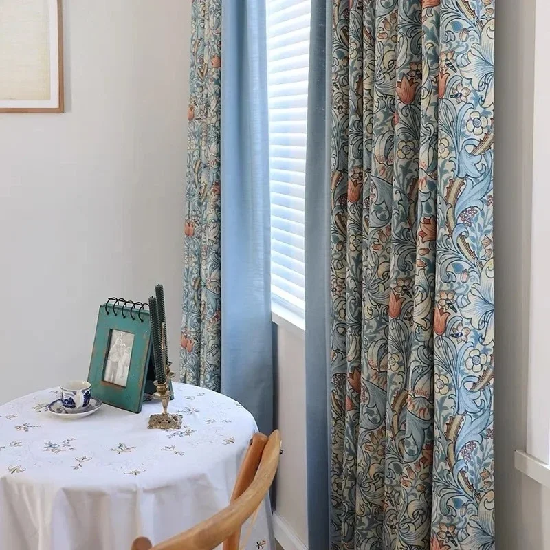 Custom  Size！！ American Style Pastoral Retro Floral Blackout Cotton Linen Spliced Curtains for Living Dining Room Bedroom Decor