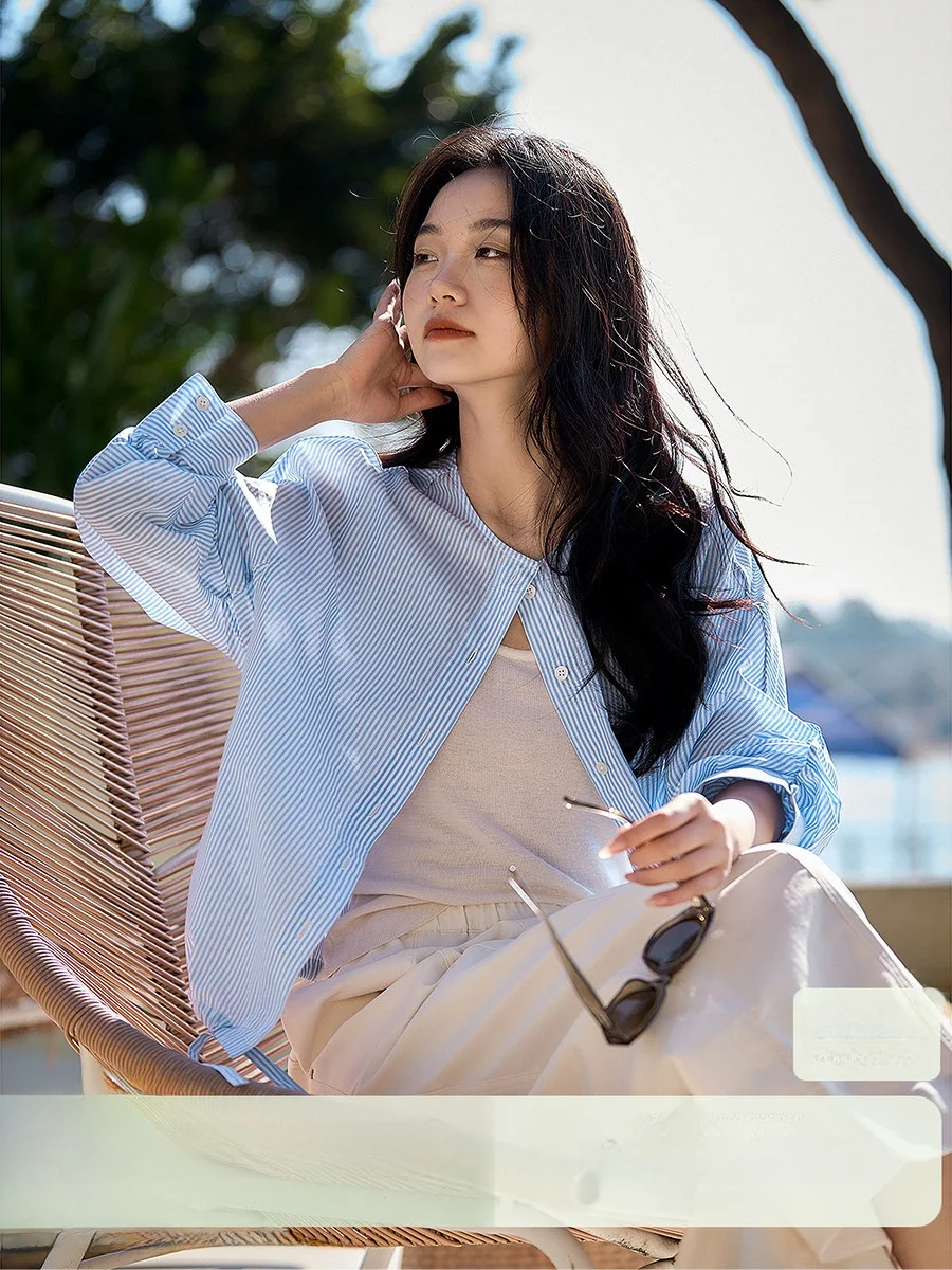 

Spring Cotton Copper Ammonia Blue White Stripes round Neck Shirt Women's Outerwear Casual Breathable Long Sleeve Button up