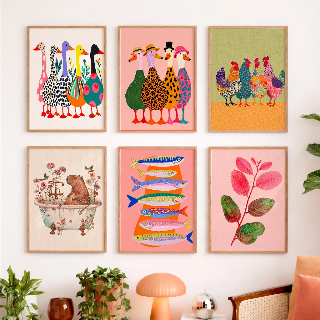 Modern Abstract Colorful Animal Illustration Canvas Poster Nordic Kid Wall Art Duck Chicken Fish Botanical Print Cute Home Decor