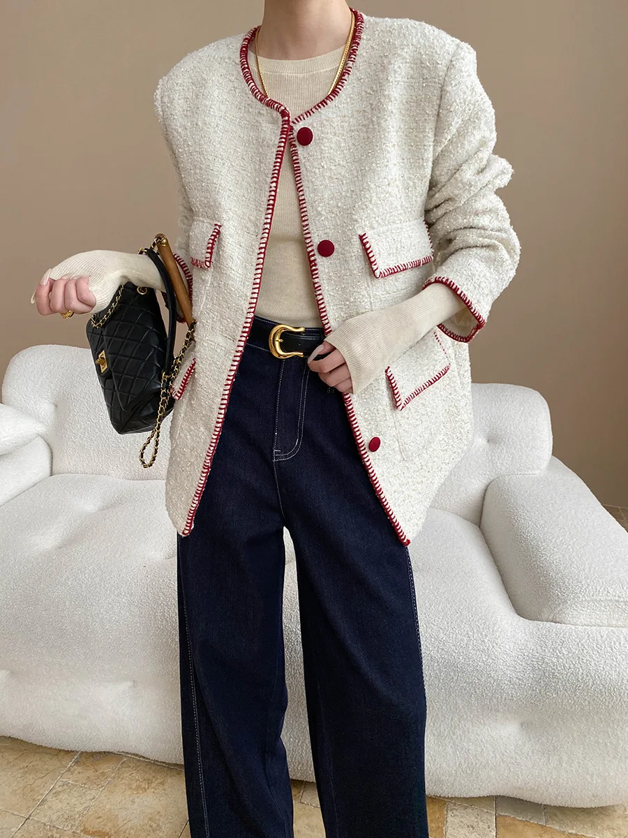 

French contrasting bright thread sewn edge wool coarse tweed small fragrant style jacket