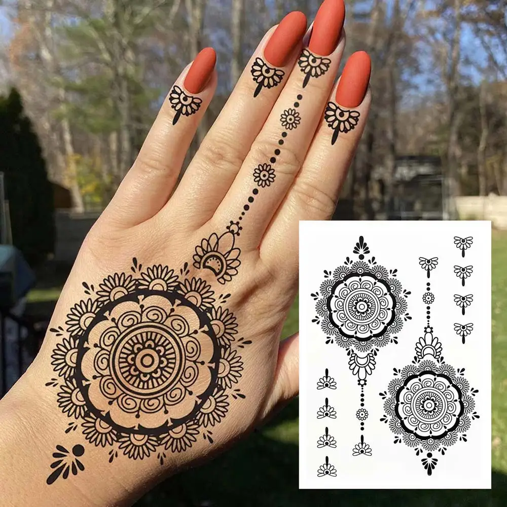 Black Henna Tattoo Stickers for Hand Temporary Tattoos for Women Butterfly Mehndi Flower Fake Tattoo Mandala Body Art