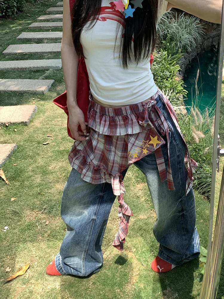 ReddaChic Punk Plaid Ster Vrouwen Coverups voor Jeans Verpakt Tiered Ruffle Mini Rok Zomer Festival Concert Retro Y2k Kleding