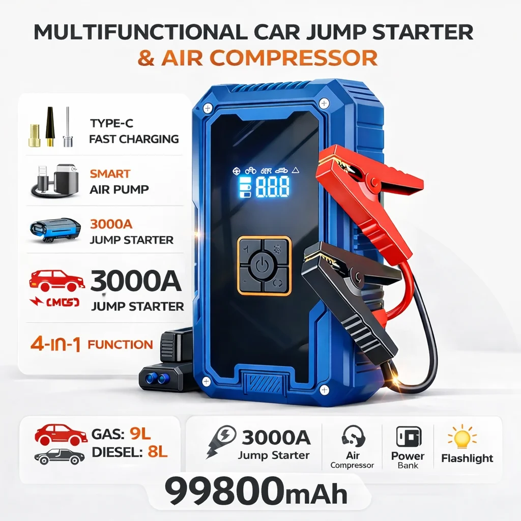 

Портативное пусковое устройство для автомобиля 3000А, 99800 мАч, с компрессором, 12В, аварийный стартер, внешний аккумулятор с LED-фонарем