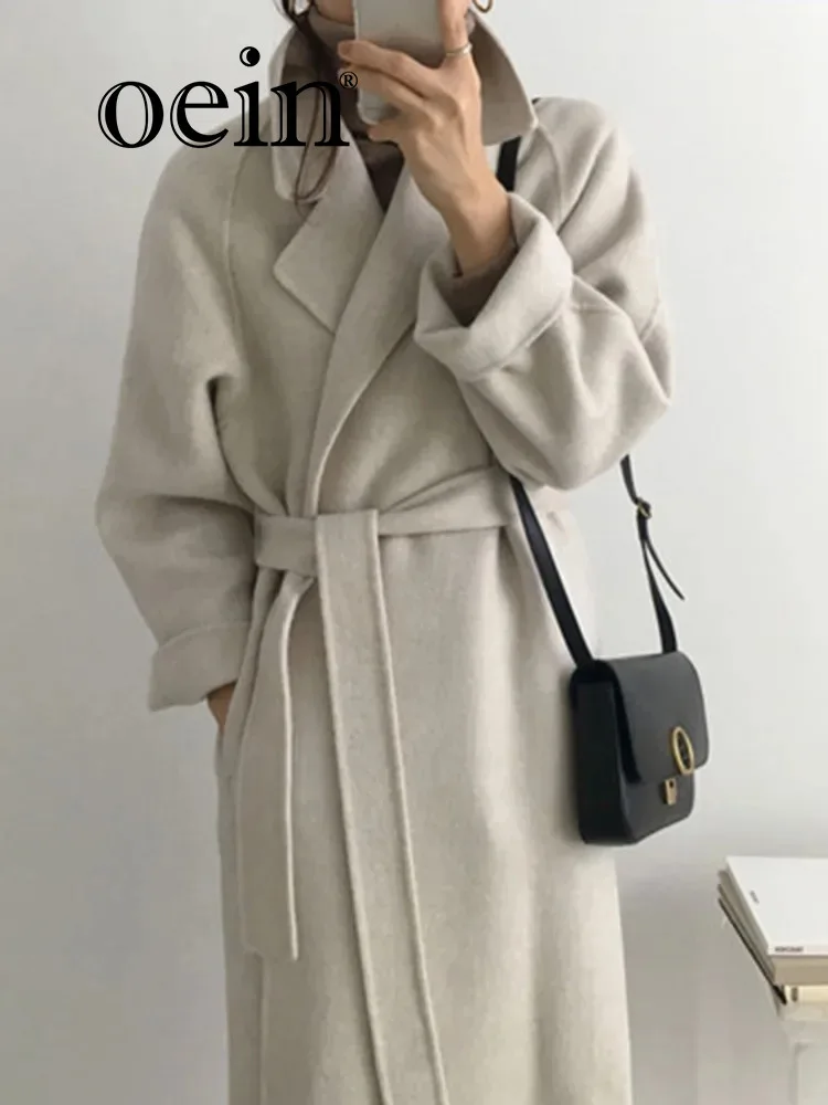 

[oein] 2024 Autumn Women Korean Gentle Temperament Loose Lazy Lapel Lace Up Tweed Coat