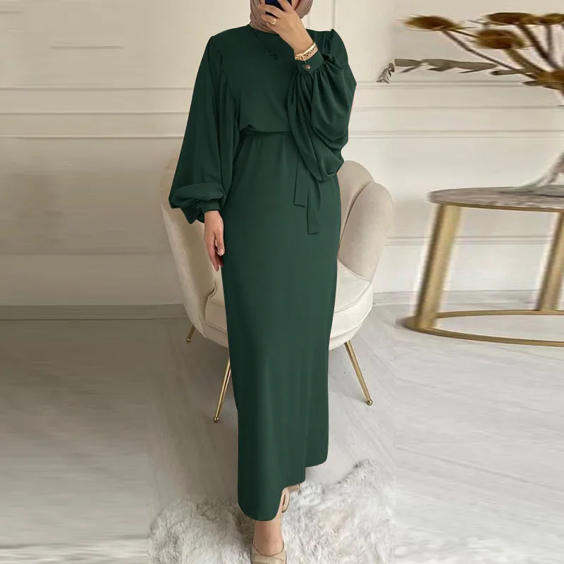 

Dresses for Muslim Women Autumn Elegant Loose Solid Bishop Sleeve Long Dress Eid Robe Abaya Muslim Maxi Dresses for Women