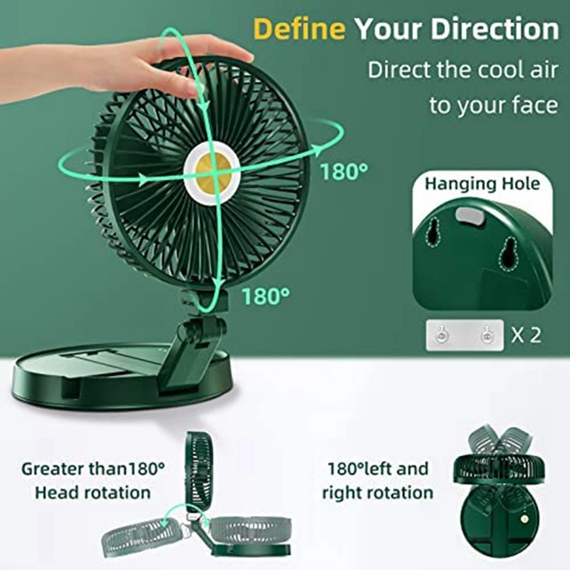 1 PCS Rechargeable Battery Operated Desk Fans 3 Speed & 3 Brighness Fast Charging Foldaway Wall Fans For Bedroom, Office