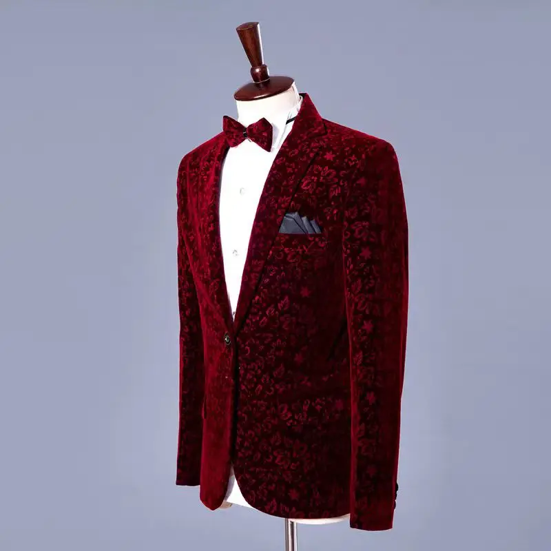 طقم بدلة رسمية للرجال من Groom Tuxedo-Burgundy بنمط الأزهار للحفلات والمغني المضيف والمرحلة الرسمية بدلة التصوير الفوتوغرافي #2