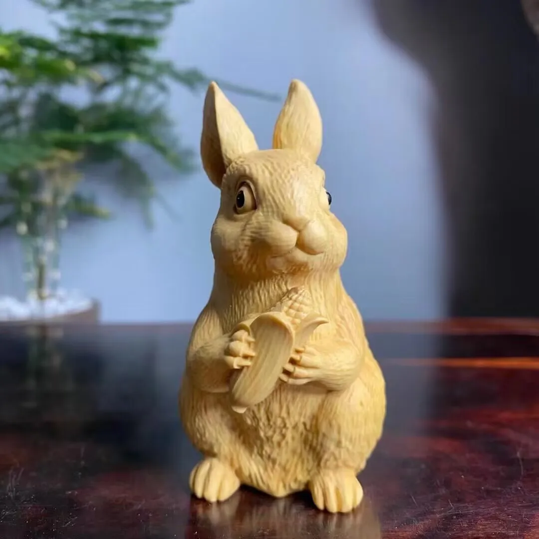 Vintage Boxwood Hand Carved Rabbit Holding Corn Figurine Chinese Zodiac Desktop Collectible Ornament