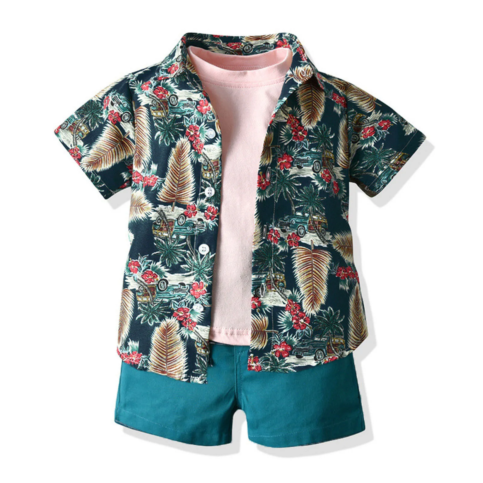 2025 Hawaiian Style Kids Boys Casual Clothing Set Floral Short Sleeve Shirt+Solid Tshirt+Shorts 3Pcs Gentleman Outfits Sets 0-5Y