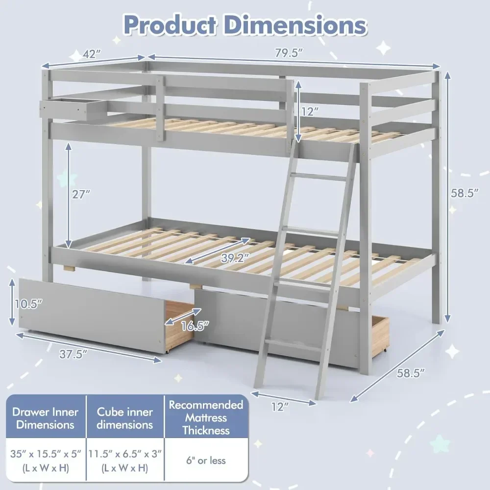 Beliche Twin Over Twin com 2 gavetas de armazenamento, escada, sem necessidade de molas, beliche duplo para camas infantis