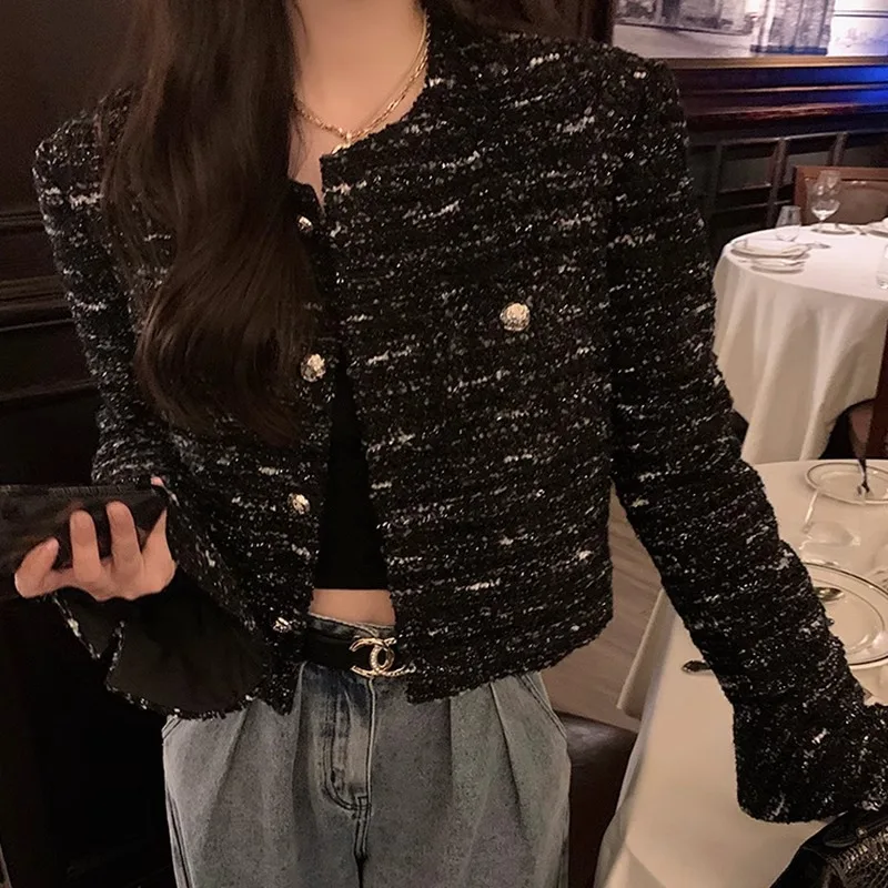 

Black Single breasted Flare Sleeve Short Coat Women Autumn New Style Small Fragrant Striped Coarse Floral Cardigan Jacket