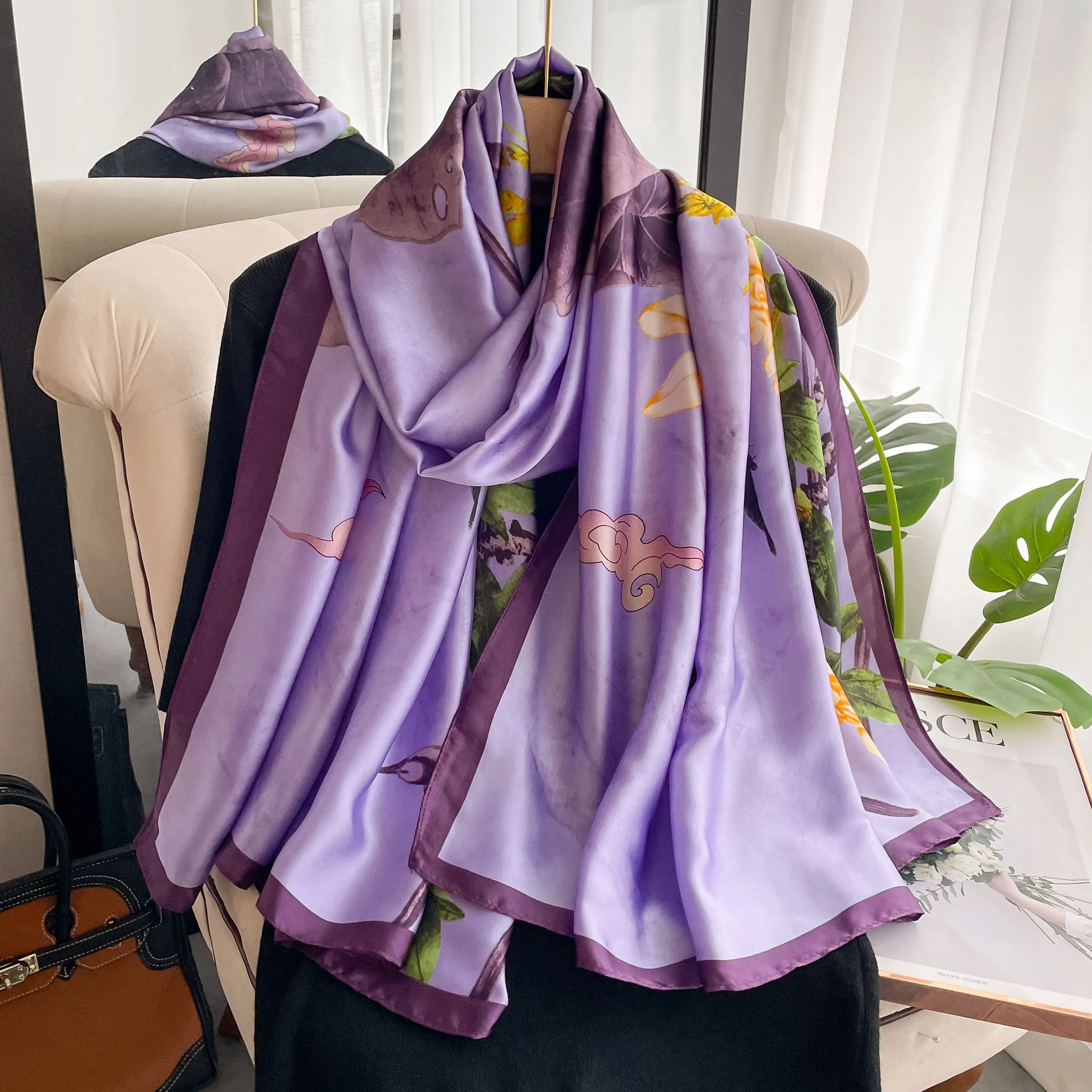 2024 Style 180*90CM Fashion Dustproof Big Bandanna Popular Satin Finish Silk Shawls Scarves Luxury Print Sunscreen Beach Towel