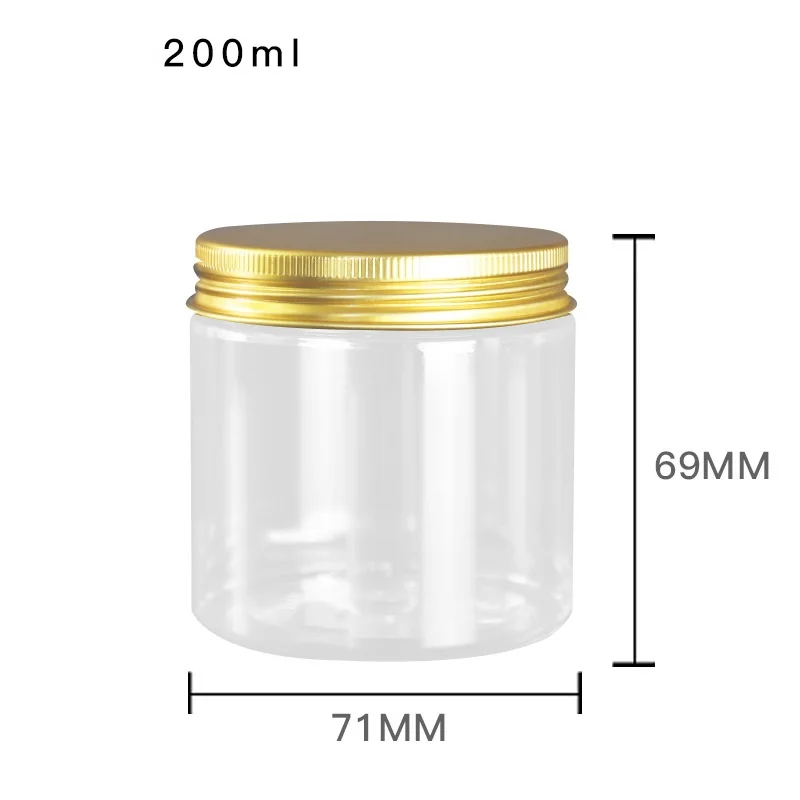 Cosmetic Jars Transparent PET Plastic Pots Gold Aluminum Lid 50ml-500ml 68 Dia. Packaging Bottle Empty Cream Containers 15pcs