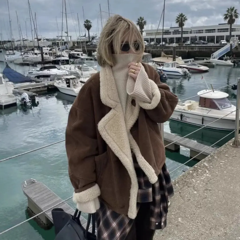 Feminino retro lapela engrossado lã de cordeiro camurça topo solto estilo casual europeu e americano moda inverno