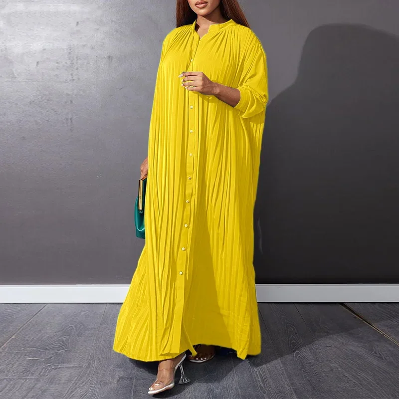 Women Eid Muslim Dresses Stand Collar Single Breasted Dubai Arab Vestidos Ramadan Casual Loose Kaftan Dress Solid Pleated