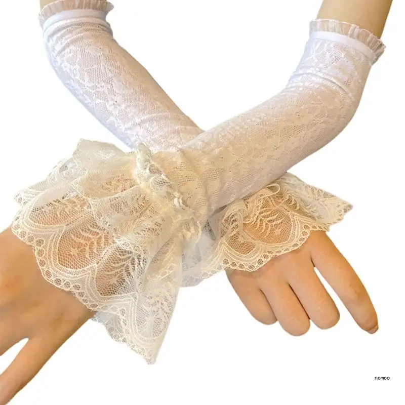 Lovely Flared Sleeves Bride Elastic Wrist Cuff Ruffled Lace Hand Sleeve Teas Parties Costume Accessories