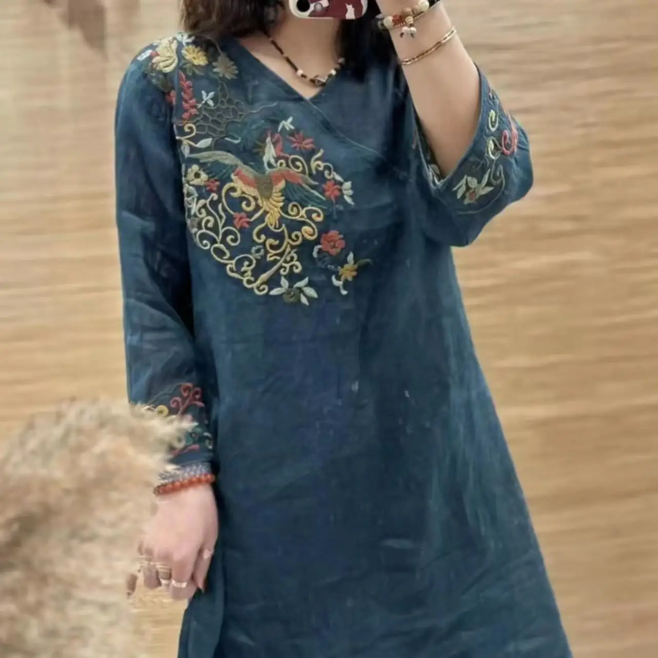 Embroidered Ethnic Style Cotton and Linen Dress Mid Length Summer New Style Artistic Retro Tops Nine Quarter Sleeve Skirt