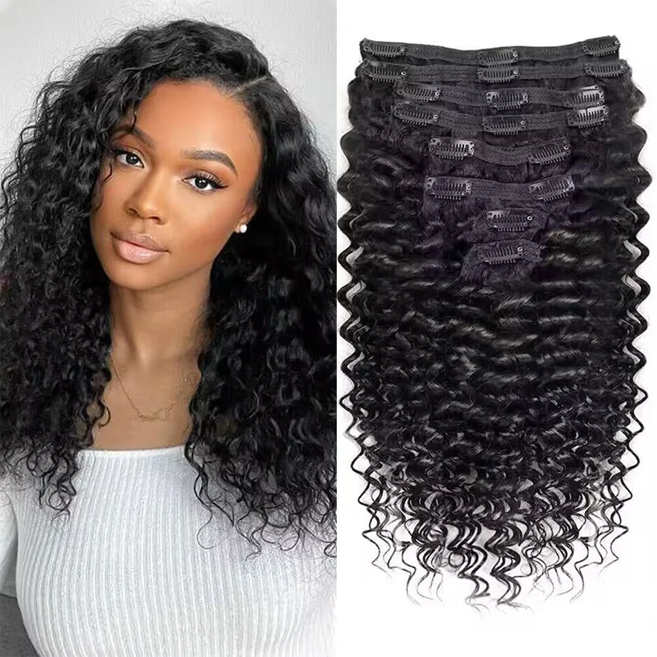 

Human Hair Deep Wave Clip In Hair Extensions Brazilian Clip In 8 Pcs/Set Natural Black Color Clip Ins Remy Hair 10-26 Inch 120G