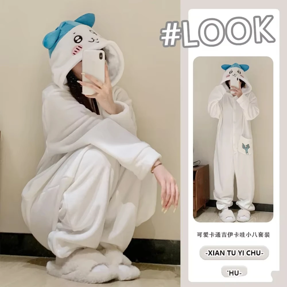 

Anime Cartoon Cute Chiikawa Onesies Plush Pajamas Usagi Hachiware Autumn Winter Kawaii Flannel Homewear Girls Student Nightwear
