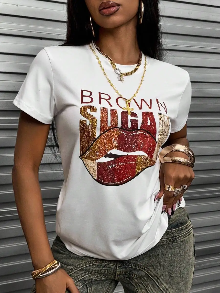 

Brown Sugar Lips Graphic T-Shirt for Women, Short Sleeve Round Neck Summer Top