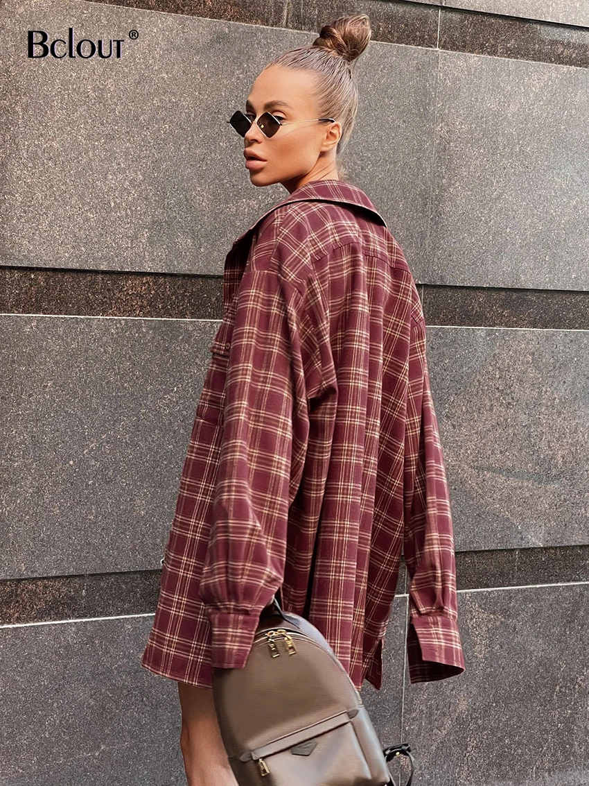 Bclout Street Red Plaid Loose Blouses Women 2024 Vintage Long Sleeve Office Lady Shirts Fashion Streetwear Cotton Blouses Femal