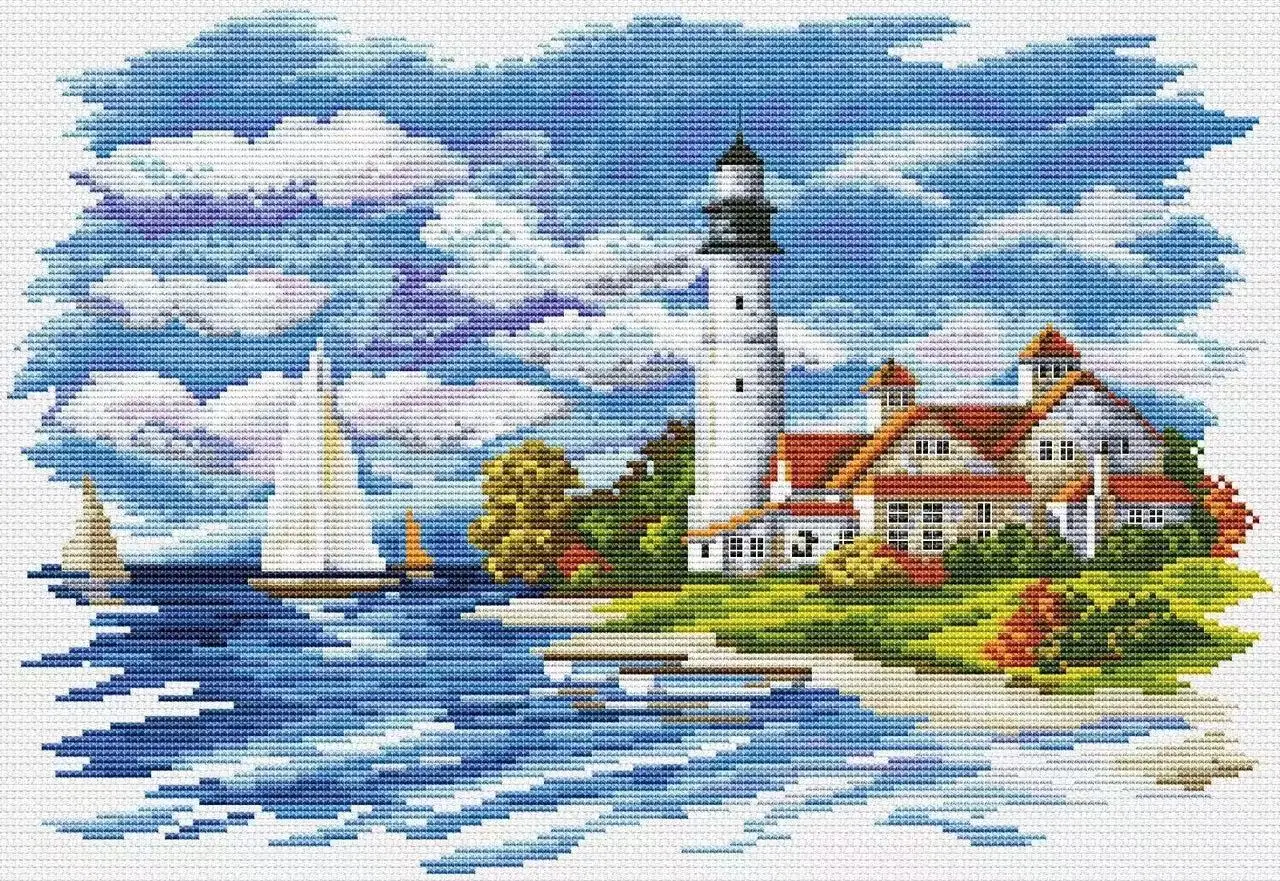 Cross Stitch Kit Seaside Village Lighthouse 43-33 28ct 32ct 14ct Metallic fabric can be Customized Cloth hand Embroidery  