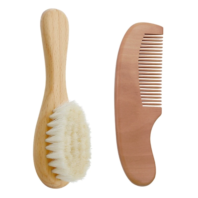 

Baby Hair Brush & Comb Set Wooden Handle Baby Round Hair Brush Natural Goat Bristle Cradle-Cap Brush for Toddler Infant