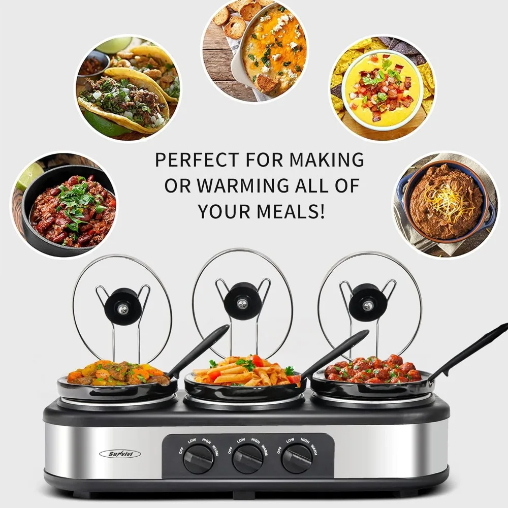 Triple Slow Cooker Buffet Server - 1.5 Quart Ceramic Pots with Adjustable Temp and Lid Rests, Stainless Steel, Total 4.5 Quarts