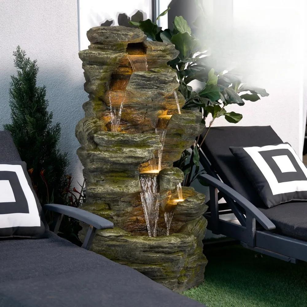 51 inch layered rock fountain with LED lights, suitable for lawn gardens, outdoor ground waterfall rock fountains