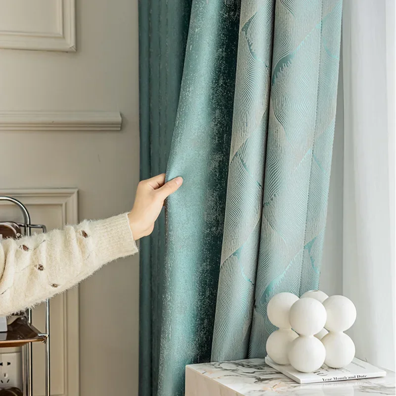Modern Light Luxury Blackout Curtain Living Room Dining Room Bedroom Peacock Green Mica Gray Cloth Villa Customization
