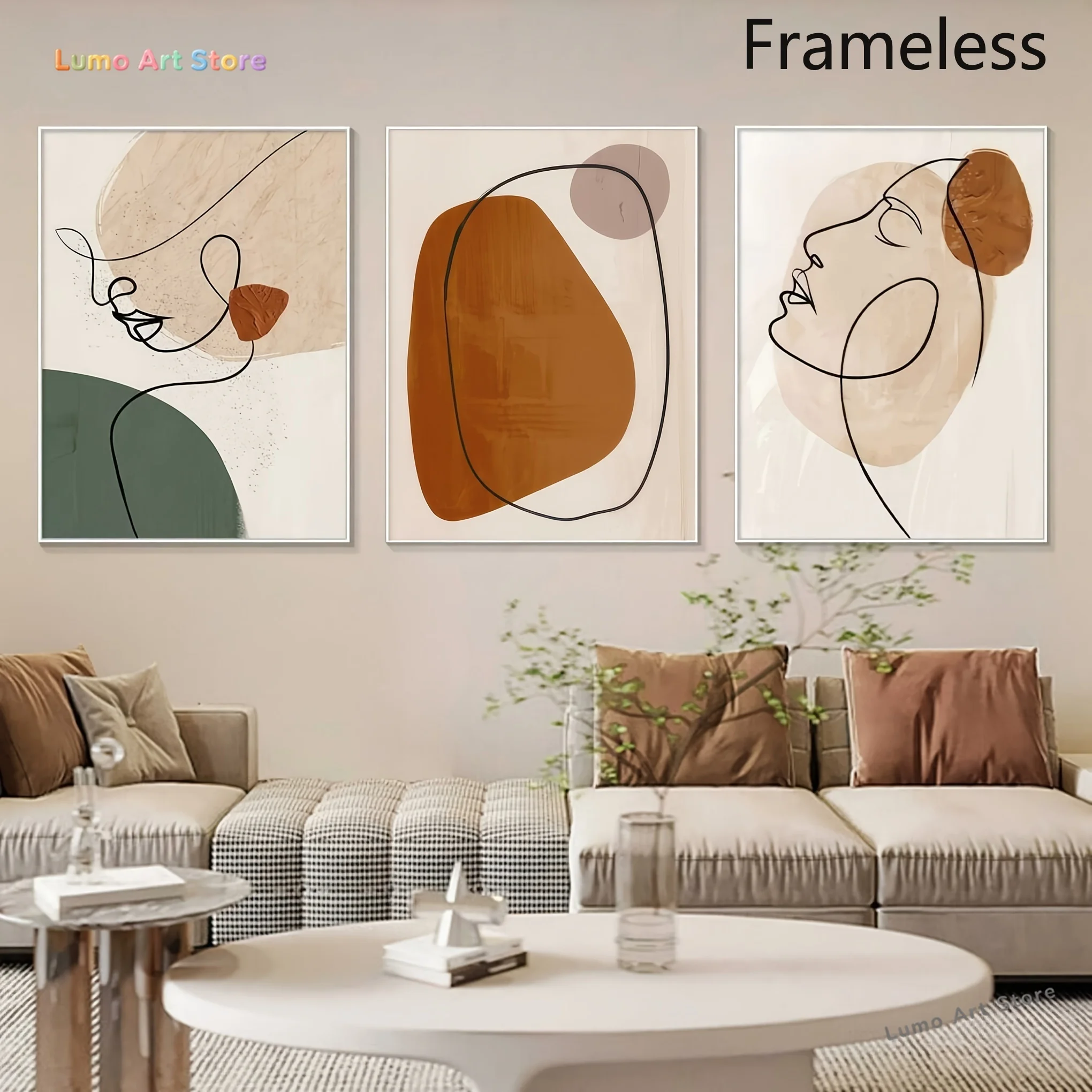 2D Flat, 2D Flat, Mural, 3pcs Abstract Geometric Line Wall Art Set, Modern Nordic Morandi Decorative Paintings, Abstract Face