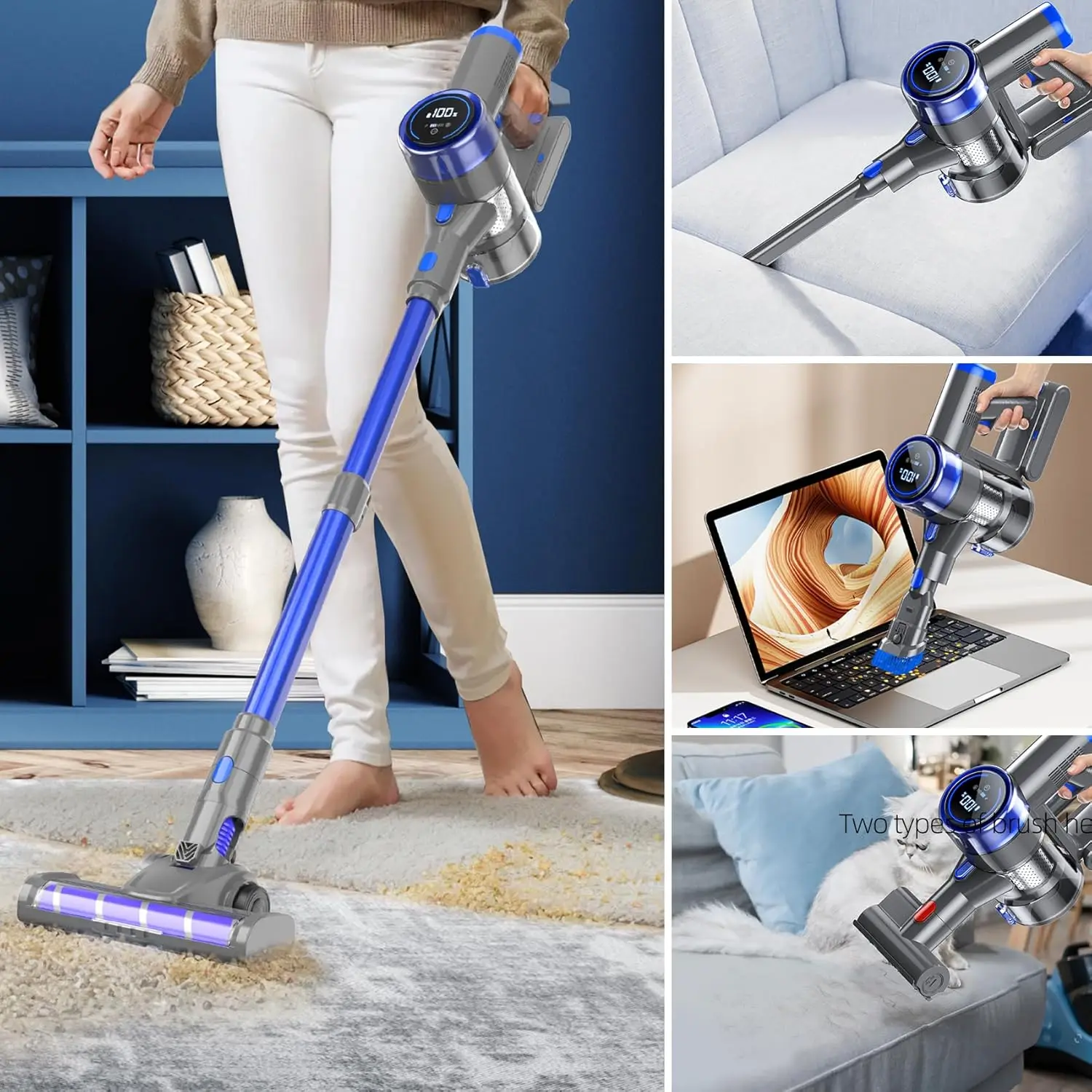 Cordless Vacuum Cleaner, 8-in-1 Strong Power Suction Stick Vacuum Cleaners with 2200 mAh Detachable Battery, Lightweight Self-St