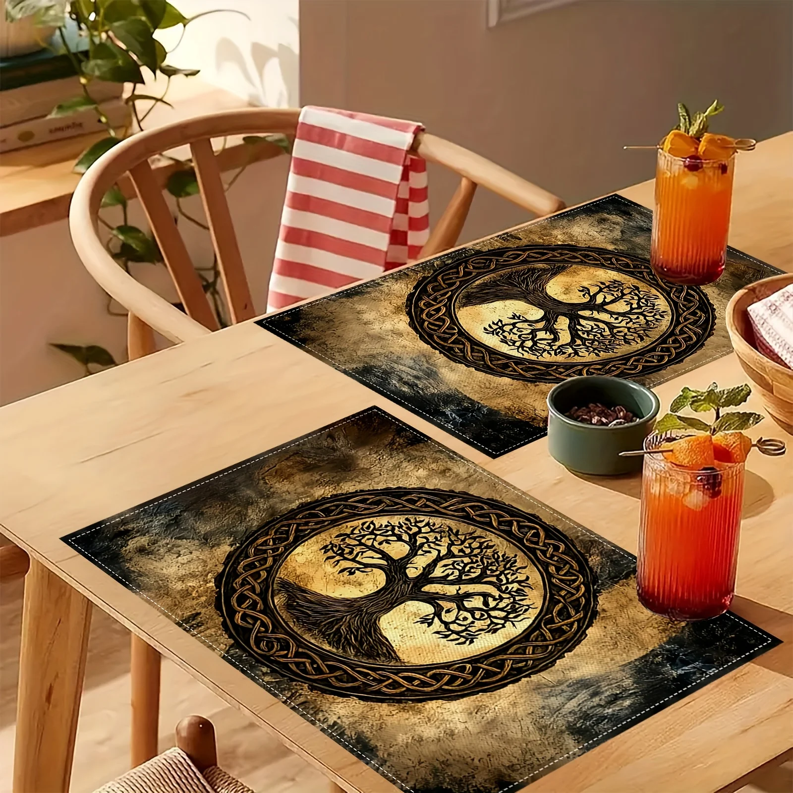 VIKAMA Celtic Tree of Life Gold Square Placemat Non Slip Waterproof Heat Resistant Dining Table Mat for Holiday Party Decor