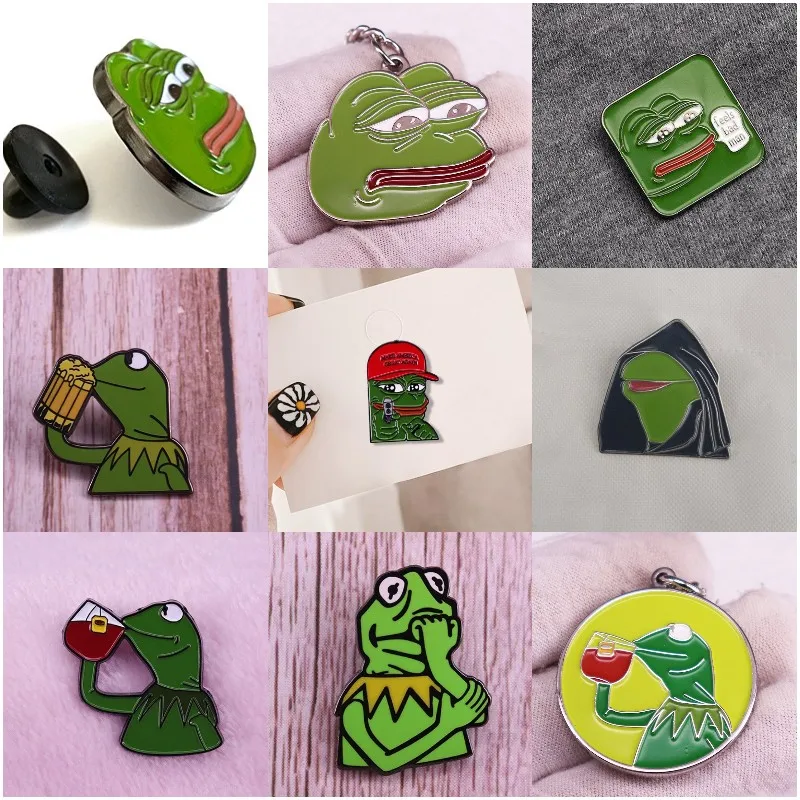 Top Grade Cartoon Pepe Frog Meme Enamel Pin Pyramid Thinking Drink Animal Metal Brooch Badge Jewelry Keychain Gift for Friends