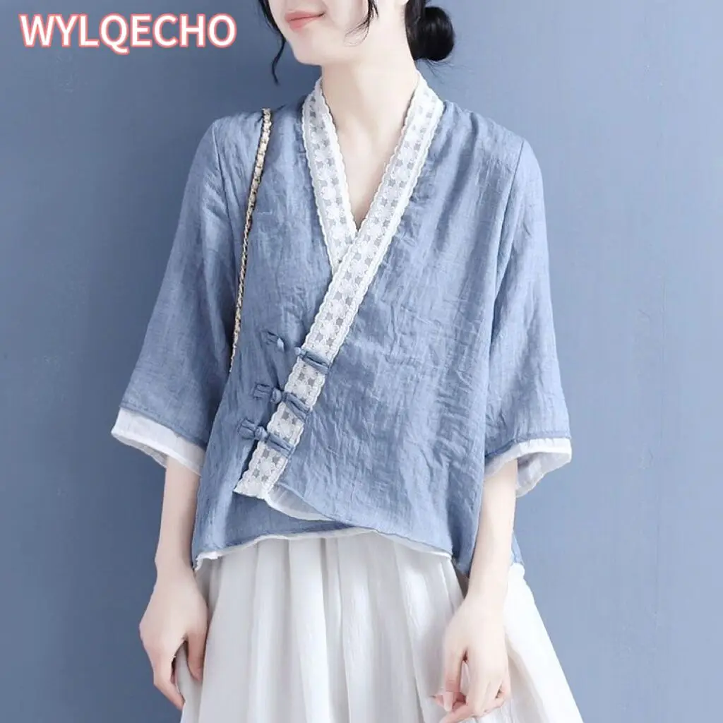 Fashion Woman Blouses 2024 Linen Clothing Chinese Traditional Clothes For Women Vintage Top Female Chinoiserie Summer Tang Suit