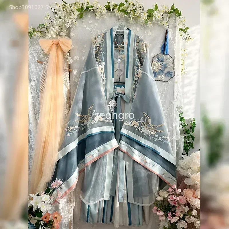 Rosa-blaue Hanfu-Damenbekleidung im traditionellen chinesischen Stil mit Stickerei und Farbverlauf, Sommerkleid aus der Tang-Dynastie