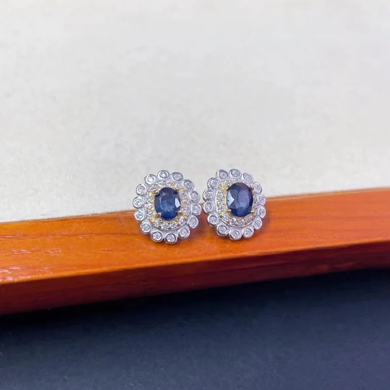 Elegant Natural Sapphire Earrings Sterling 925 Silver Gemstone 3*4mm for Women Party Birthday Wedding Trendy  Jewelry Gift