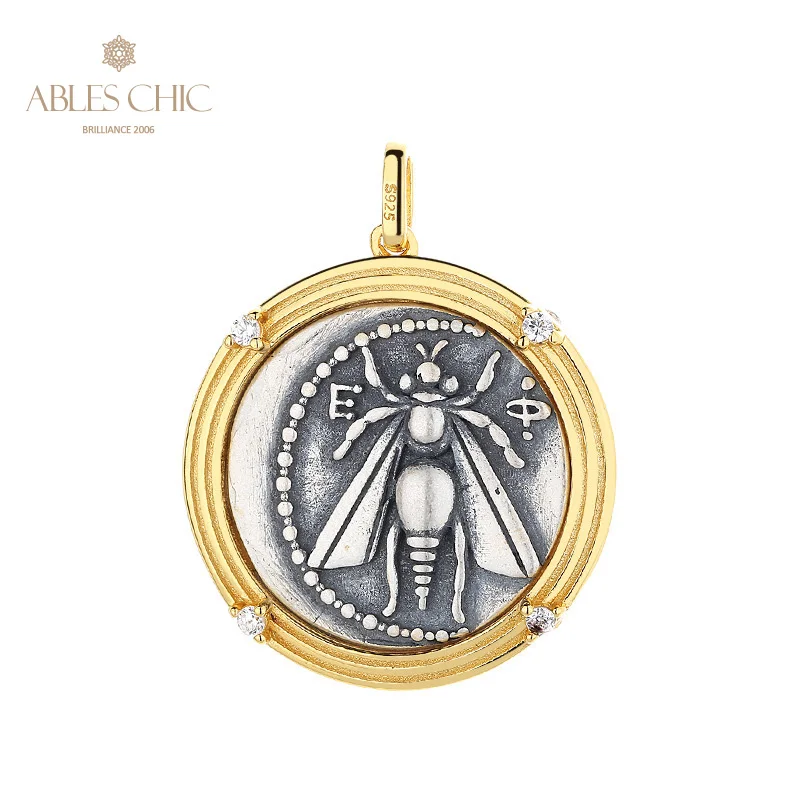 

Ephesus Bee Greek Silver Coins Charm CZ Accent 18K Gold Two Tone Solid 925 Silver Roman Coin Pendant Only N1025