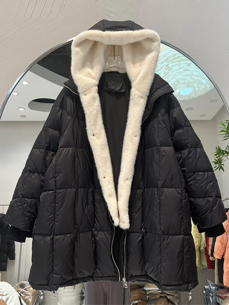 Imagem -04 - Inverno Feminino 90 Pato Branco para Baixo 2023 Jaqueta Destacável Forro de Pele de Vison Puffer Parka Feminino Solto Grosso com Capuz Cabolsa de Neve