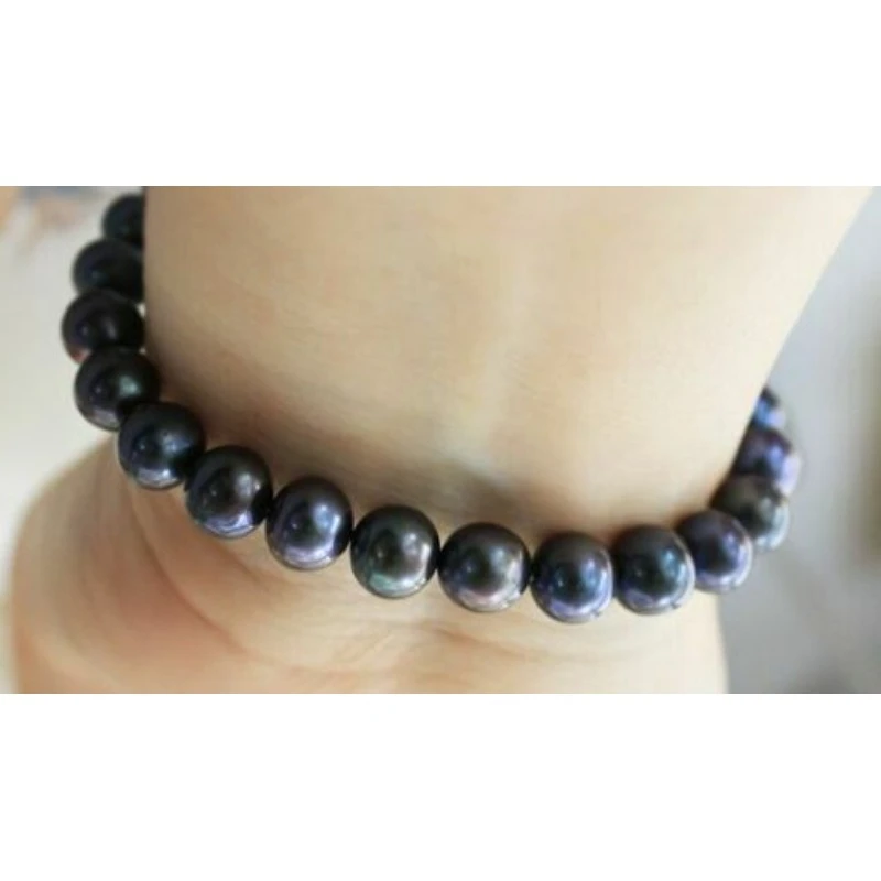 7.5-8 Inch AAA 10-9mm Natural Tahitian Black Women's Pearl Bracelet 14k Gold Buckle -