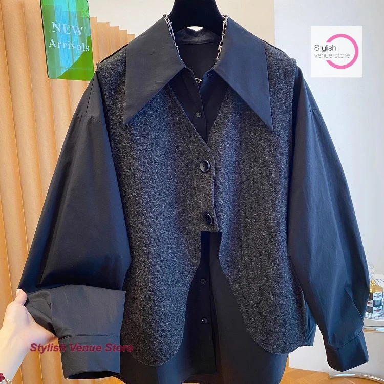 

French high-end black vest shirt two-piece jacket women's spring and autumn new fashion design sense wearing casual shirts.