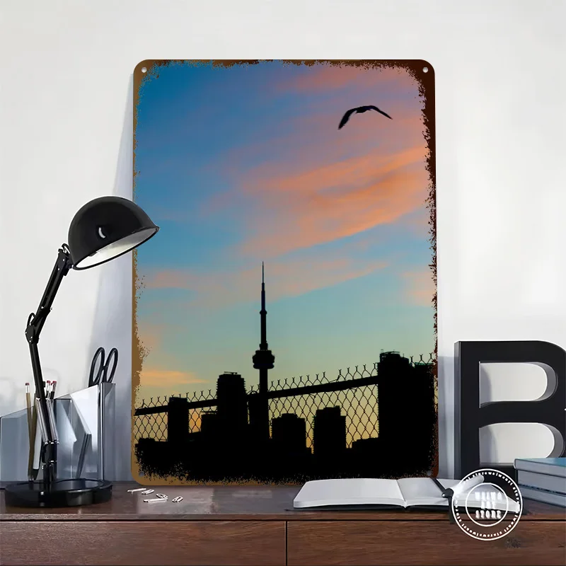 Toronto Skyline At Sunset With Bird Tinplate Poster Custom Wall Art Vintage Metal Signs Retro Tin Plaque for Office Decor Room