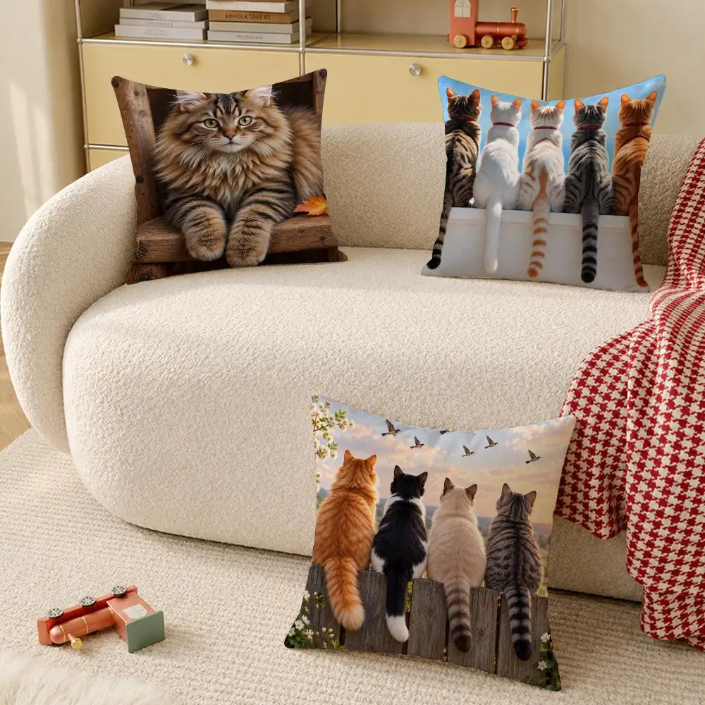 Autumn Cat Cute Decor Gift Cushion Cover Pillow Case Organic Short Plush Cushion Covers Washable Wrinkle-Resistant