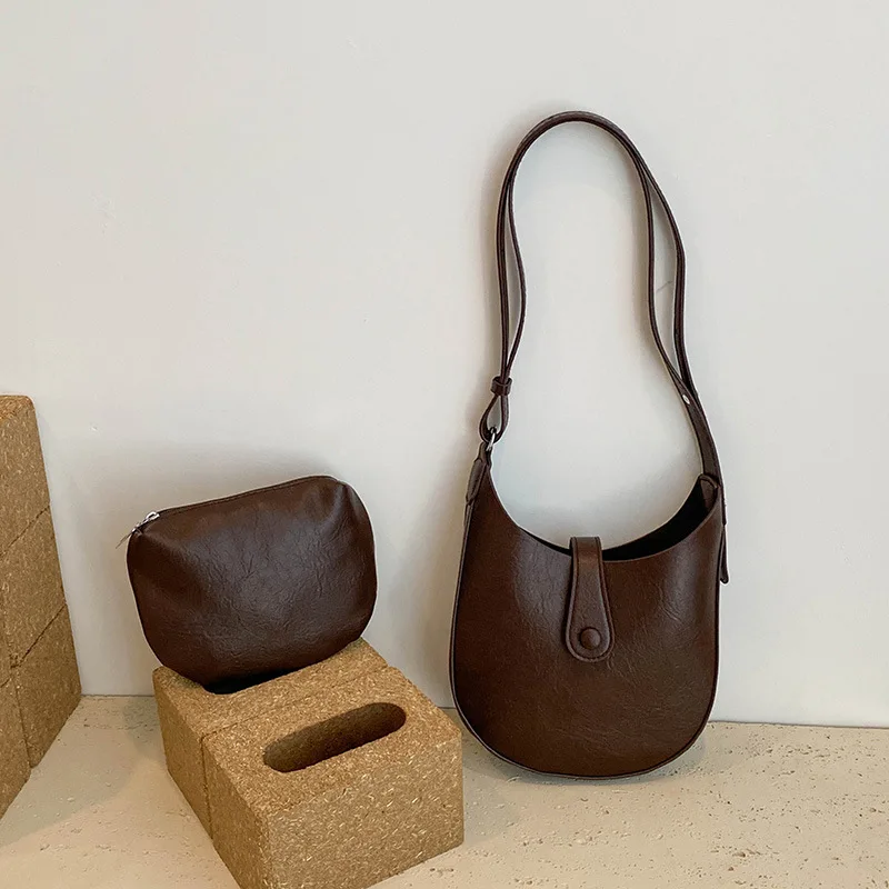 Vintage Solid Color Saddle Shoulder Bags for Women Textured Ladies 2-Piece Set Crossbody Bag Simple Portable Female Pu Handbag